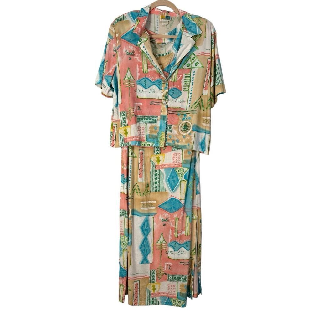 Vintage 90s Sea Suns Geometric Watercolor Midi Dress Button Down Set M